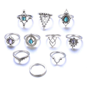 10pcs/Set Women Bohemian Vintage Silver Stack Rings Above Knuckle Blue Rings Set joint Ring Suit Punk Ball Trend All-match #45