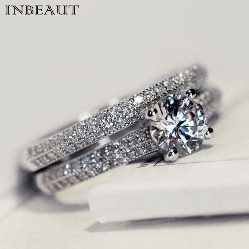 INBEAUT Women Wedding Ring Set Sparkling Perfect Round Cut Zircon Stone Rings Female Party Jewelry 2 Color Silver&Rose Gold