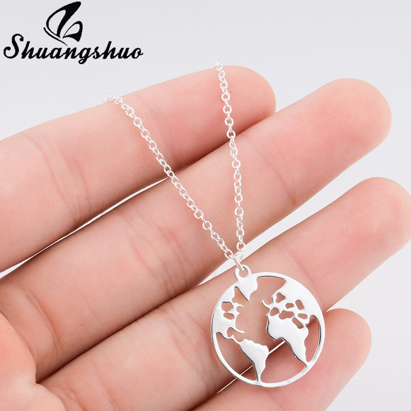 Shuangshuo Vintage Origami World Map Necklace Women Geometric Necklace Round Necklace Circle Necklaces & Pendants Choker Jewelry