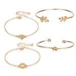 FAMSHIN 4 Pcs/Set Women Fashion Geometric Leaf Round Knotted Bracelet Summer Alloy Bohemian Gold Color Bracelet Jewelry Women