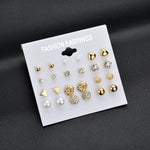 MissCyCy Fashion 12 pair/set Women Square Crystal Heart Stud Earrings for Women Piercing Simulated Pearl Flower Earrings