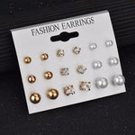 MissCyCy Fashion 12 pair/set Women Square Crystal Heart Stud Earrings for Women Piercing Simulated Pearl Flower Earrings