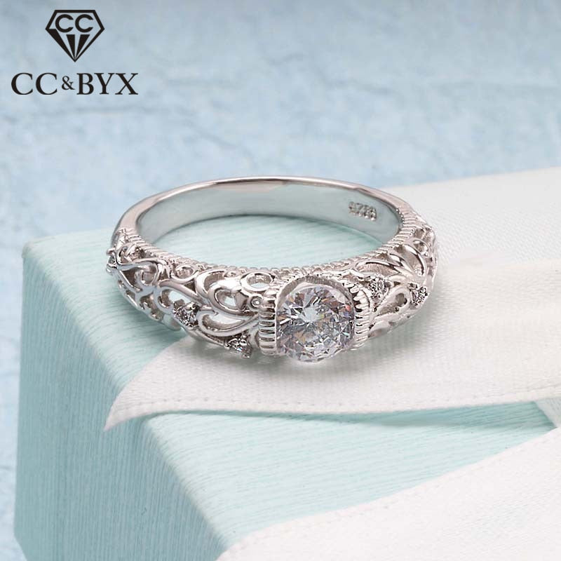 CC Vintage Rings For Women Palace Pattern Silver Ring Cubic Zirconia Wedding Engagement Bridal Jewelry Drop Shipping CC1495