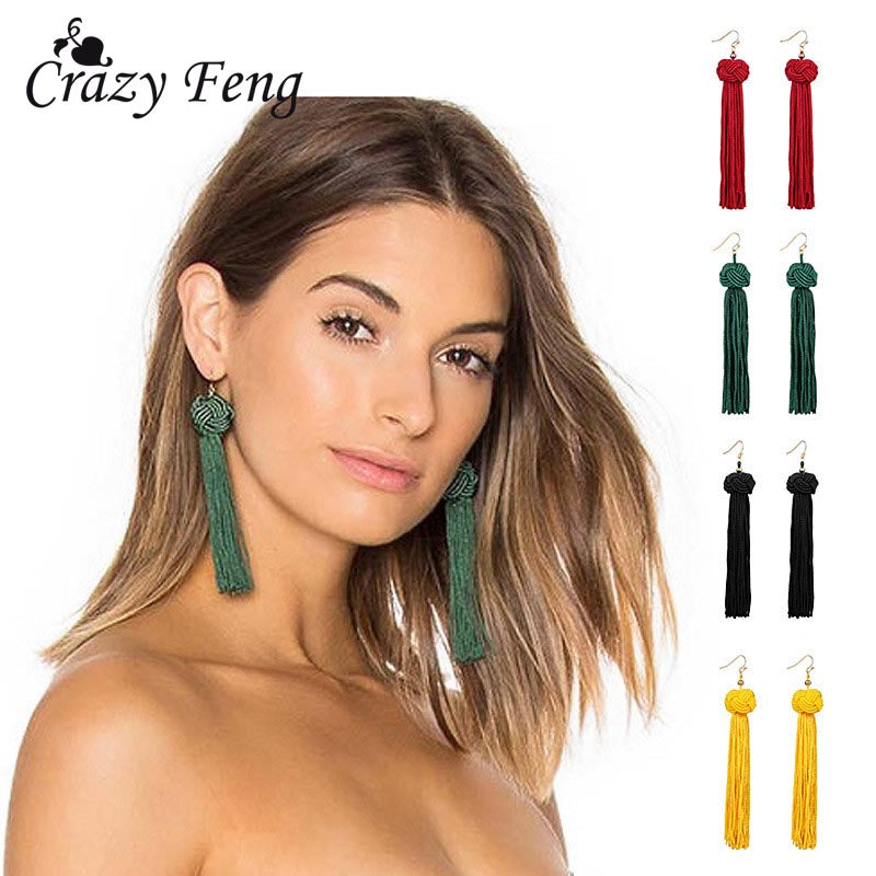 Crazy Feng Handmade Tassel Earrings 2018 Trendy Black Red Yellow Green Long Dangles Ear Broncos Silk Fringed Jewellery For Women