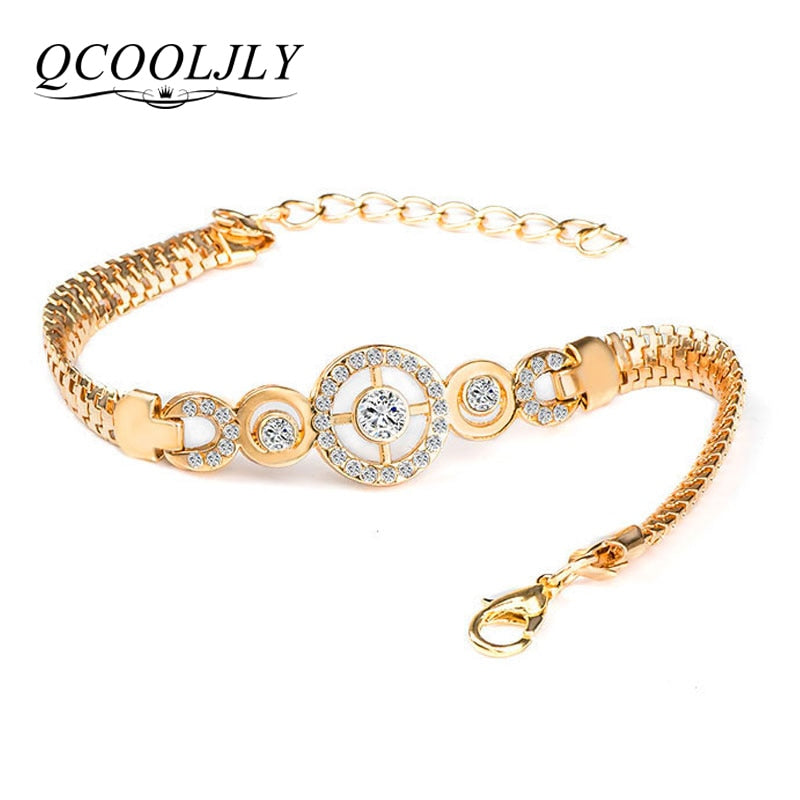 QCOOLJLY Luxury Round Crystal CZ Hand Chain Bracelets for Women Gold Color Twisted Bangle & Bracelets For Women Wedding Jewelry