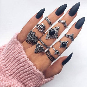 Tocona Bohemia Antique Gold Silver Elephant Flower Rose Heart Crown Carved Rings Set Knuckle Finger Midi Ring for Women Jewelry