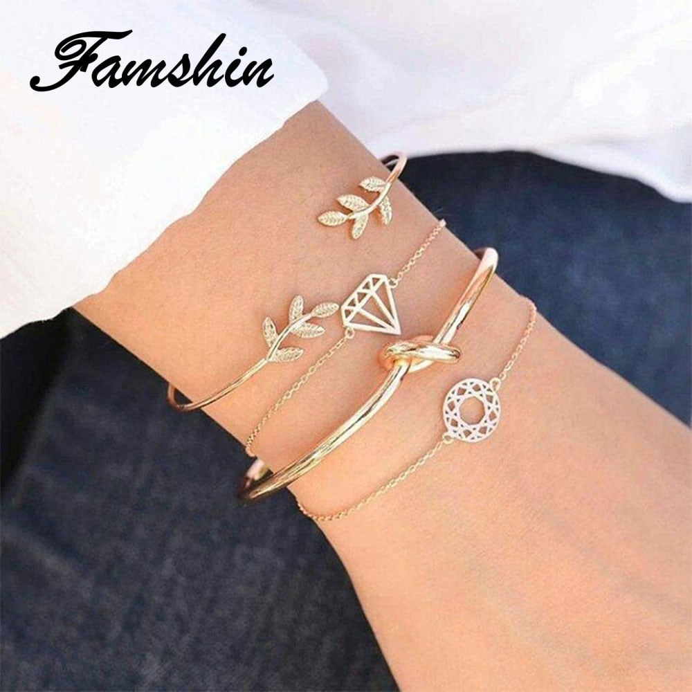 FAMSHIN 4 Pcs/Set Women Fashion Geometric Leaf Round Knotted Bracelet Summer Alloy Bohemian Gold Color Bracelet Jewelry Women