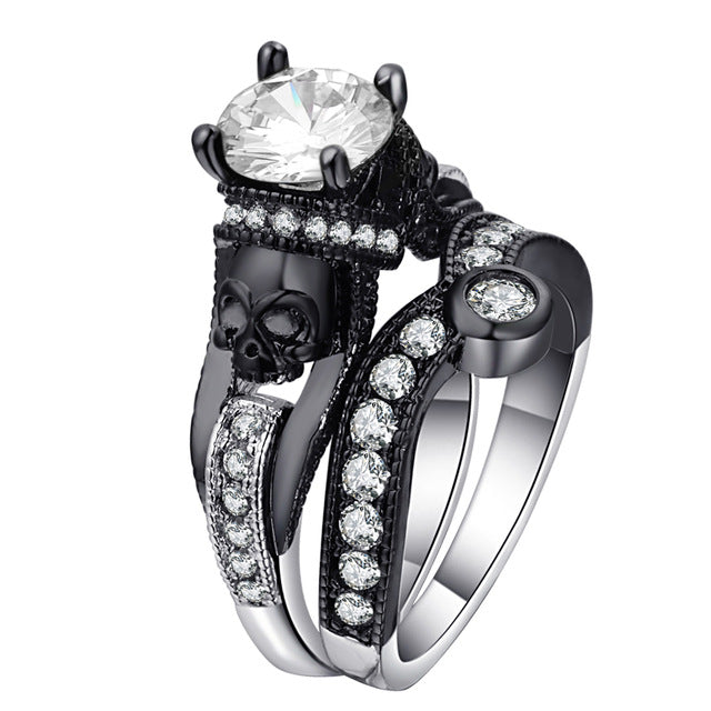 Ufooro Skull Ring Set For Women Men Punk Style Fashion Jewelry Charm Black Round Cubic Zirconia evil Skeleton Ring Set For Party