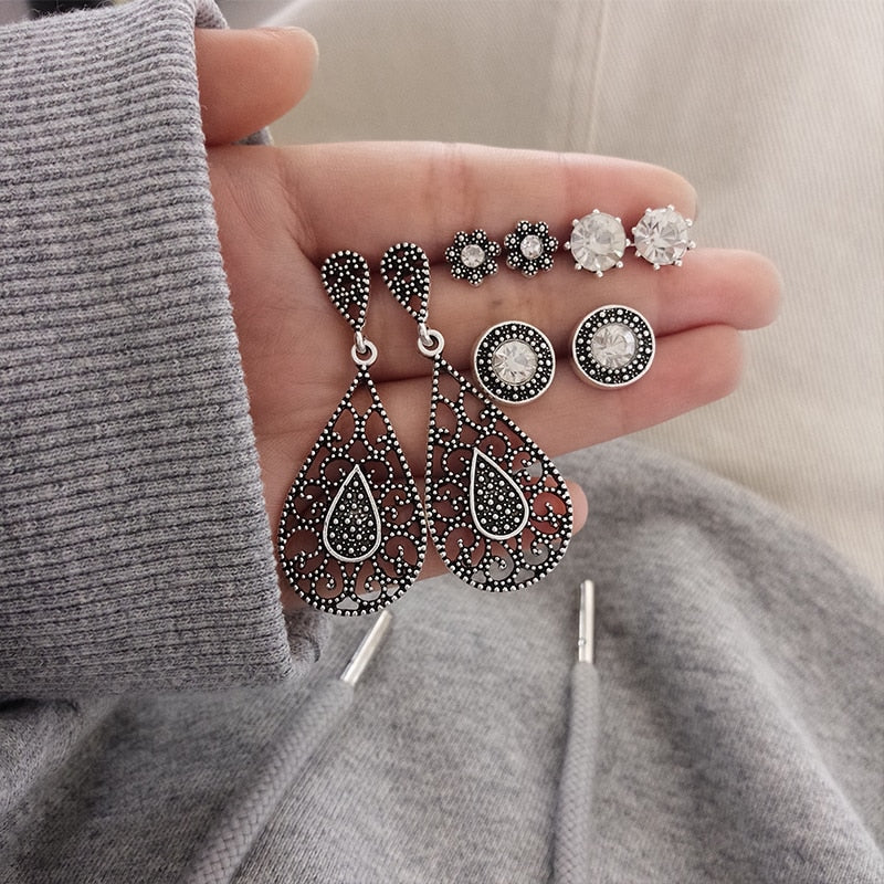 4 Pair/set Bohemian Water Drop Flower Round Crystal Gem Hollow Pattern Silver Earrings Women Charm Party Jewelry Stud Earrings