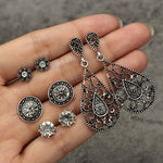 4 Pair/set Bohemian Water Drop Flower Round Crystal Gem Hollow Pattern Silver Earrings Women Charm Party Jewelry Stud Earrings