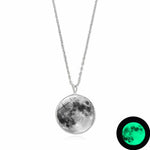Glow In The Dark Moon Necklace 14mm Galaxy Planet Glass Cabochon Pendant Necklace Silver Chain Luminous Jewelry Women Gifts