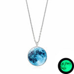 Glow In The Dark Moon Necklace 14mm Galaxy Planet Glass Cabochon Pendant Necklace Silver Chain Luminous Jewelry Women Gifts