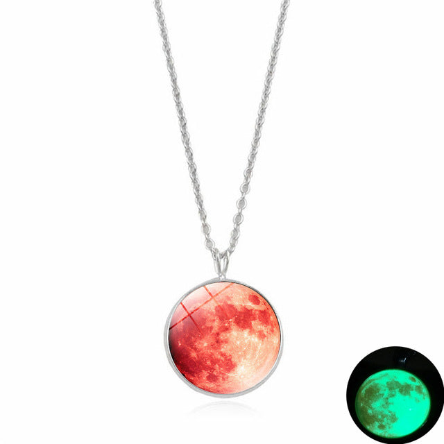 Glow In The Dark Moon Necklace 14mm Galaxy Planet Glass Cabochon Pendant Necklace Silver Chain Luminous Jewelry Women Gifts