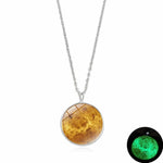 Glow In The Dark Moon Necklace 14mm Galaxy Planet Glass Cabochon Pendant Necklace Silver Chain Luminous Jewelry Women Gifts
