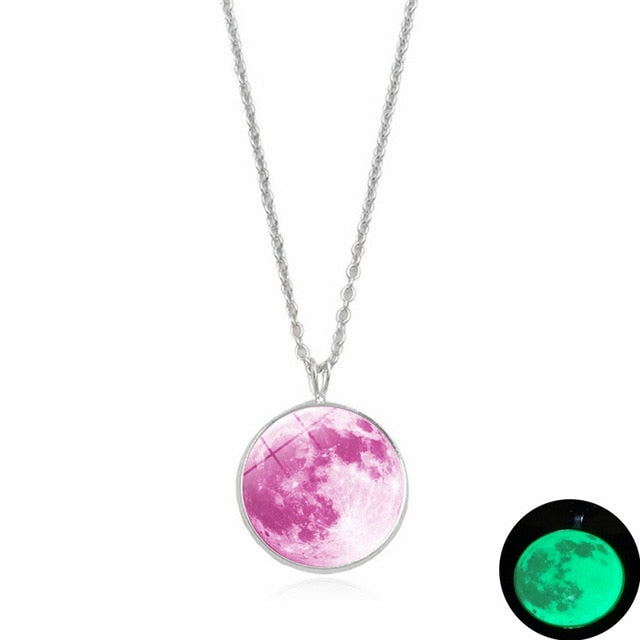 Glow In The Dark Moon Necklace 14mm Galaxy Planet Glass Cabochon Pendant Necklace Silver Chain Luminous Jewelry Women Gifts