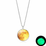Glow In The Dark Moon Necklace 14mm Galaxy Planet Glass Cabochon Pendant Necklace Silver Chain Luminous Jewelry Women Gifts