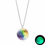 Glow In The Dark Moon Necklace 14mm Galaxy Planet Glass Cabochon Pendant Necklace Silver Chain Luminous Jewelry Women Gifts
