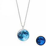 Glow In The Dark Moon Necklace 14mm Galaxy Planet Glass Cabochon Pendant Necklace Silver Chain Luminous Jewelry Women Gifts
