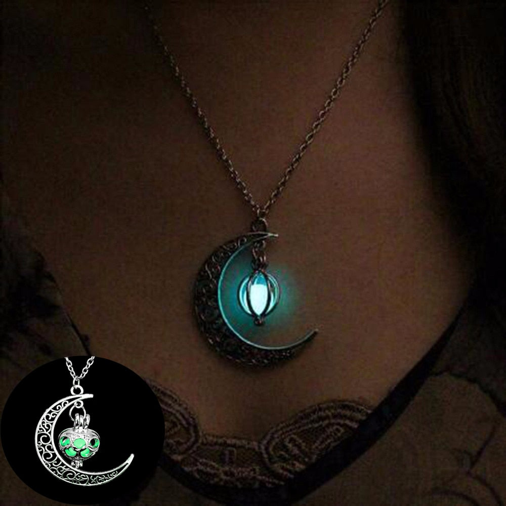 FAMSHIN 2019 New Hot Moon Glowing Necklace,Gem Charm Jewelry,Silver Plated,Women Halloween Hollow Luminous Stone Necklace Gifts