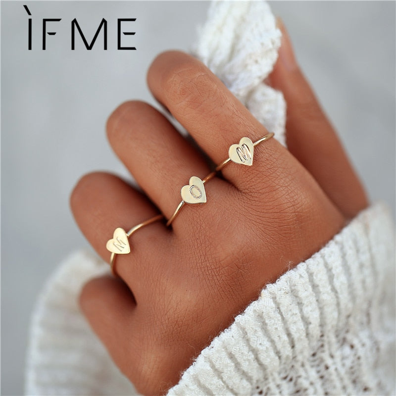 IF ME New A to Z Letters Love Heart Finger Rings For Women Vintage Gold Color Copper Metal Simple DIY Handmade Ring Jewelry Gift