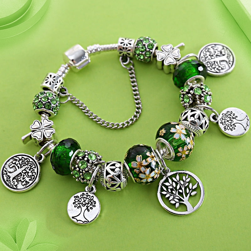 Stering 925 Silver Tree of Life Fashion Pan Bead Bracelet Green Leaf Floral Crystal Charms Bracelet & Bangle Pulsera Jewelry